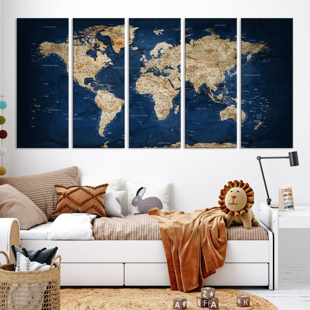 62011 - Impresión artística de pared con mapa del mundo vintage - Mapa grunge sobre lienzo Galería de pared Juego de 3 paneles Regalo para viajeros, mapa del mundo abstracto grande para sala de estar, comedor, cocina, decoración de oficina