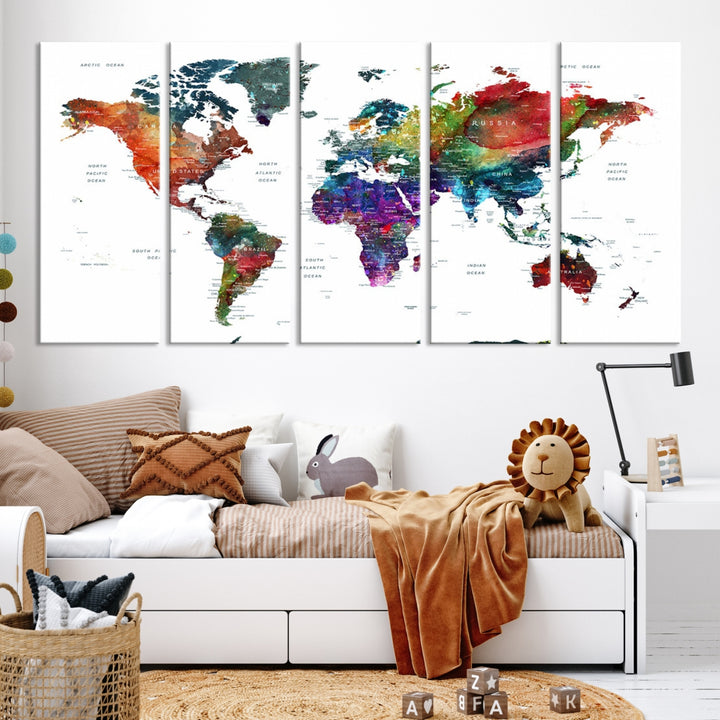 Colorido mapa del mundo pared arte impresión grunge mapa lienzo