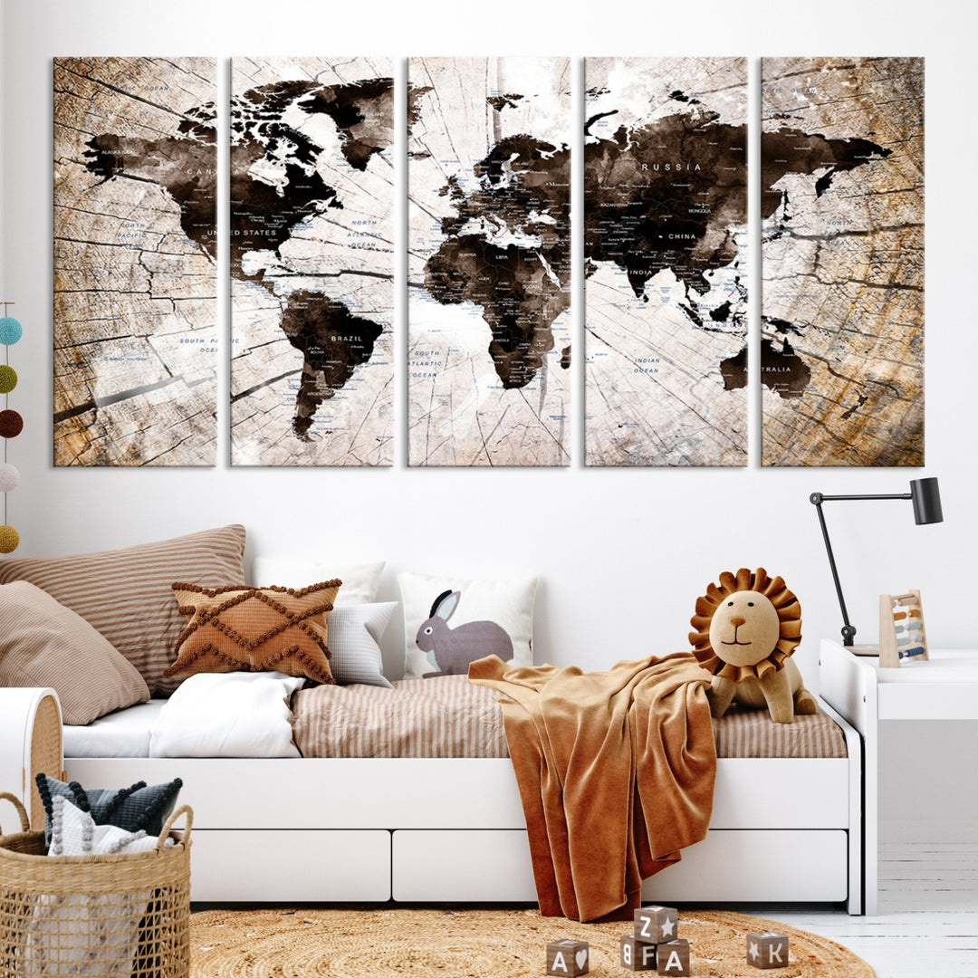 Carte du monde vintage, impression d'art mural, carte grunge