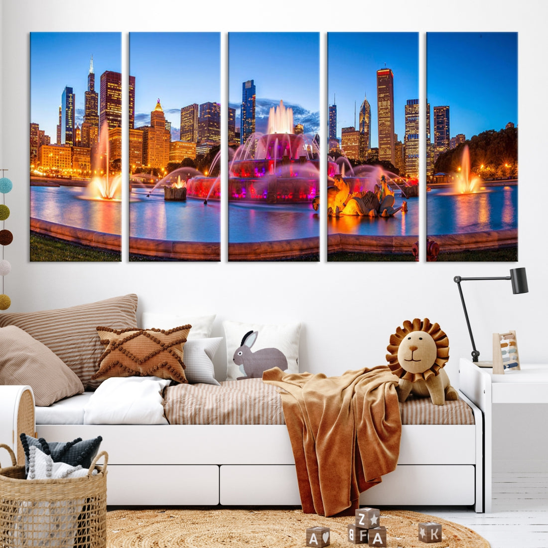 Chicago City Colorful Lights Night Skyline Cityscape View Large Wall Art Canvas Print