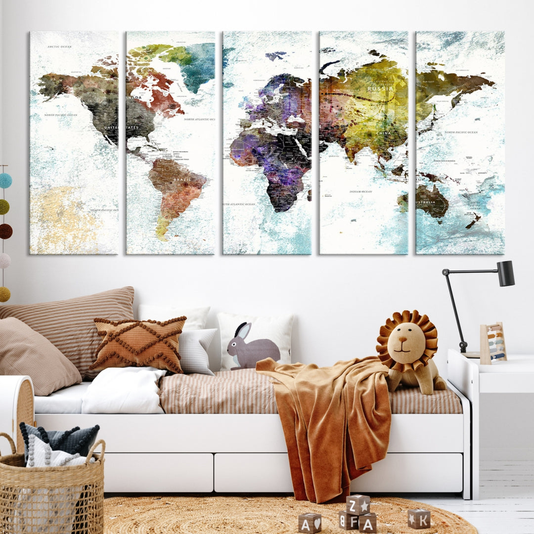 Lienzo decorativo para pared con mapa del mundo grande multicolor, diseño de Hasan Torun