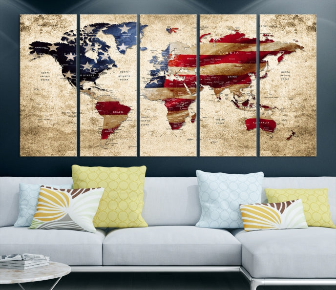 USA Flag and World Map Grunge Canvas Print