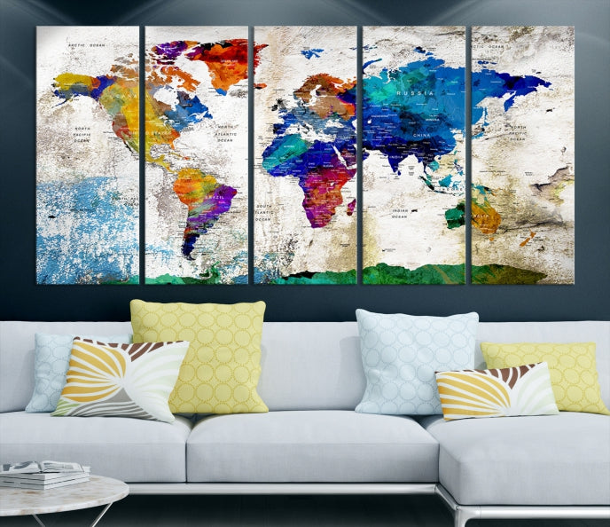 Arte de pared extra grande con mapa del mundo de colores del arcoíris Lienzo