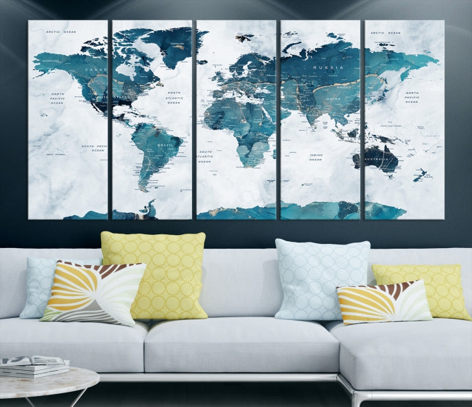 Carte du monde turquoise, art mural, impression sur toile