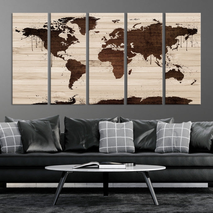 Brown Wall Art World Map on Wood Style Background Canvas Print