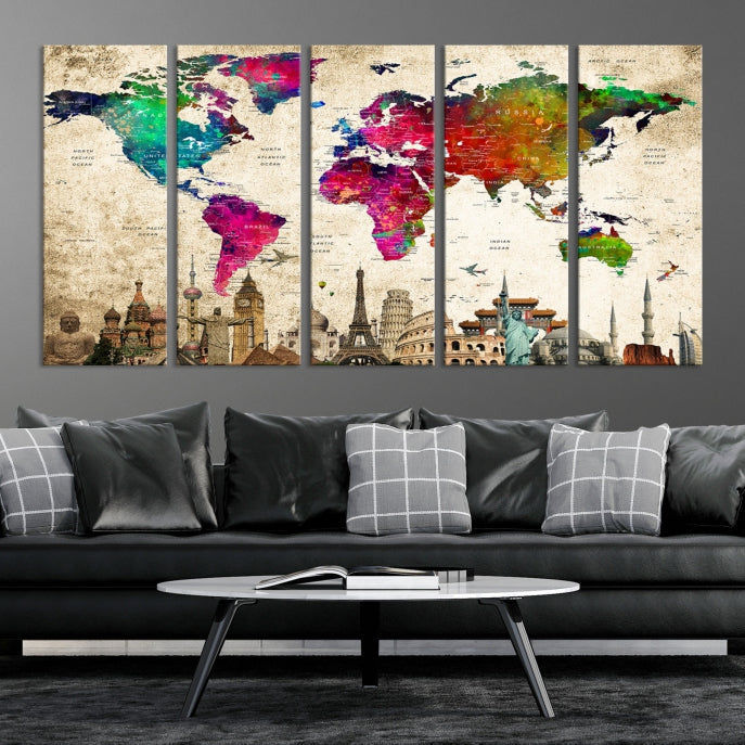 Impresión de arte de pared con pintura de mapa mundial de lienzo colorido grande