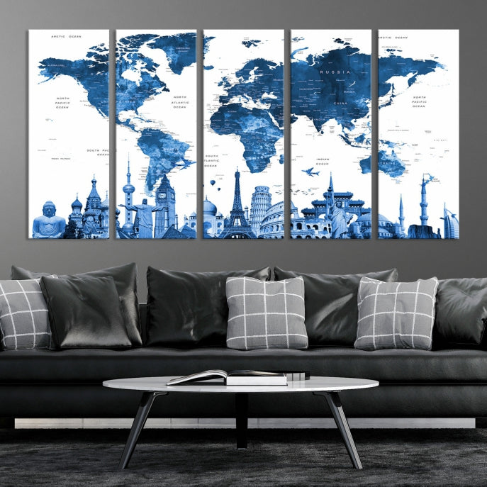 Arte de pared grande con mapa del mundo en acuarela azul con maravillas del mundo Lienzo