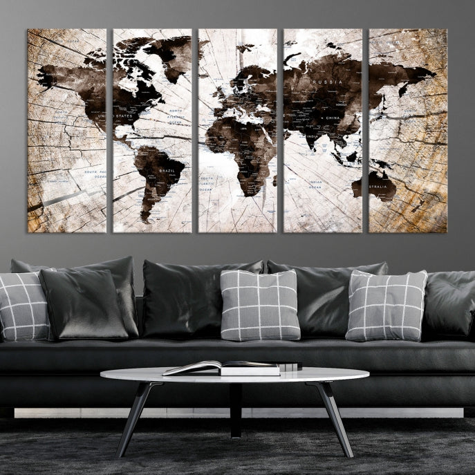 Impresión artística de pared con mapa del mundo vintage grande sobre fondo de estilo madera