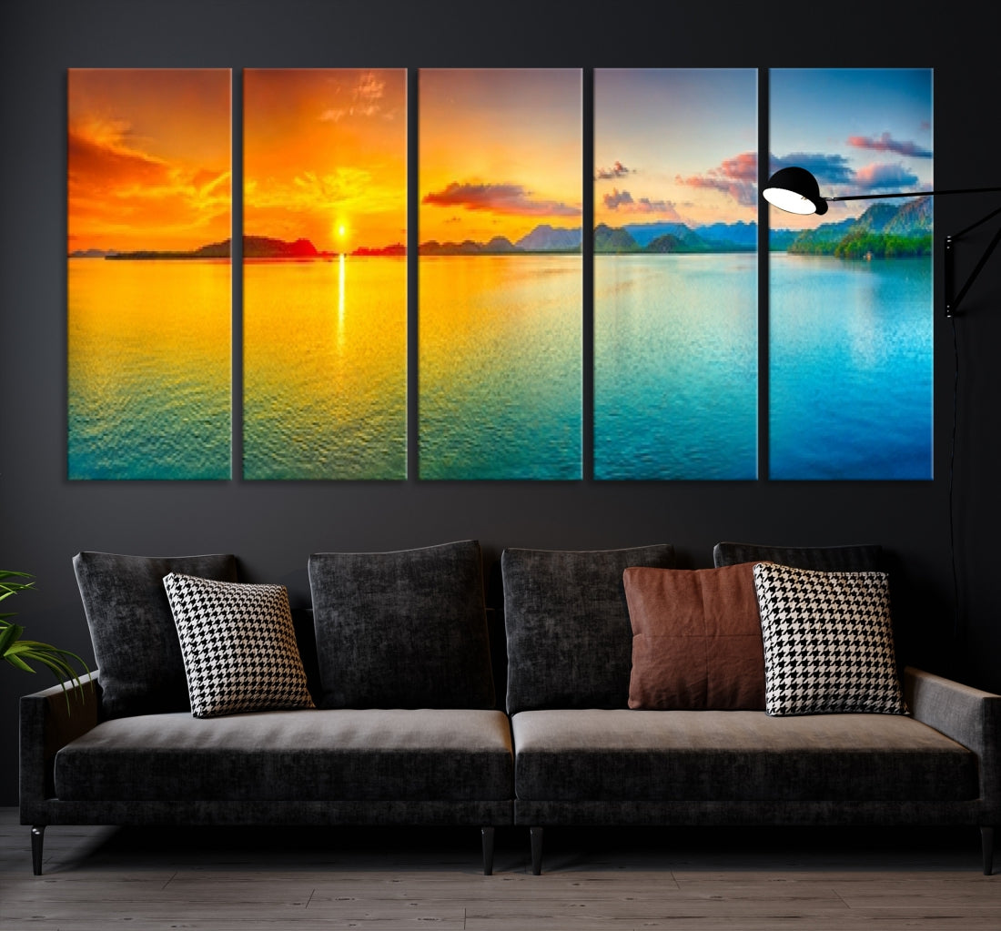 Large Wall Art Canvas Print Colorful Sunset Sea and Mountain for Living Room Decor Artwork