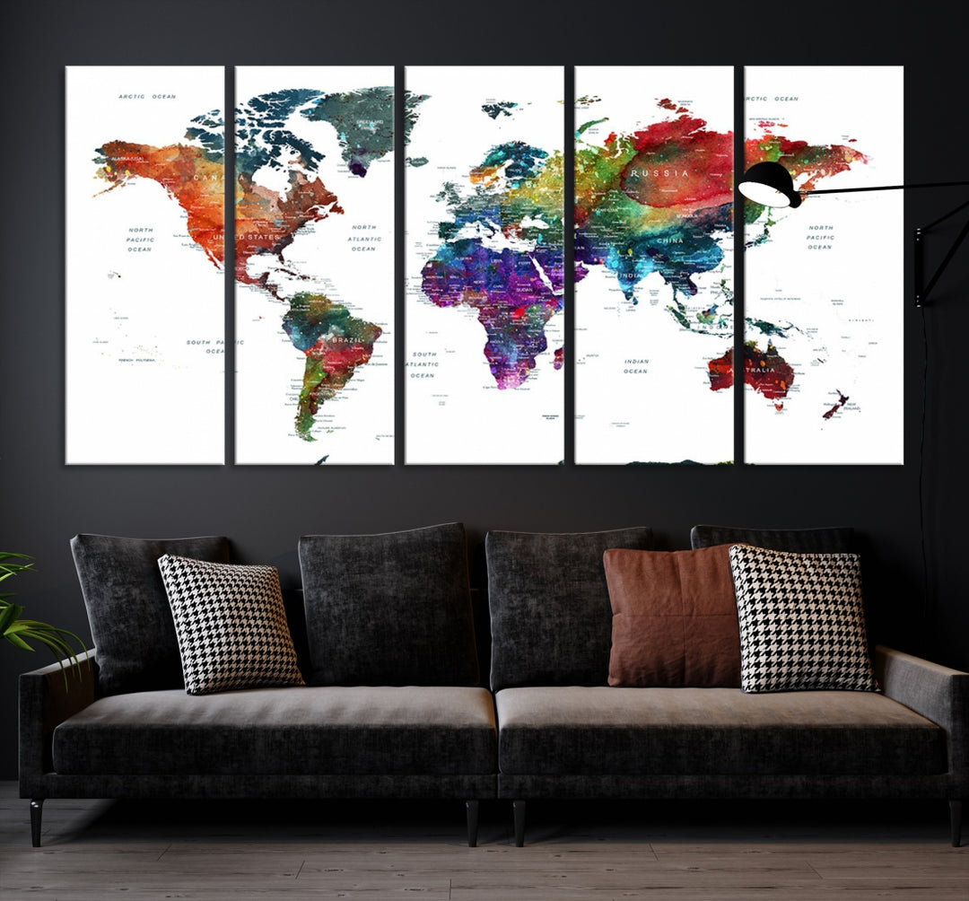 Colorido mapa del mundo pared arte impresión grunge mapa lienzo