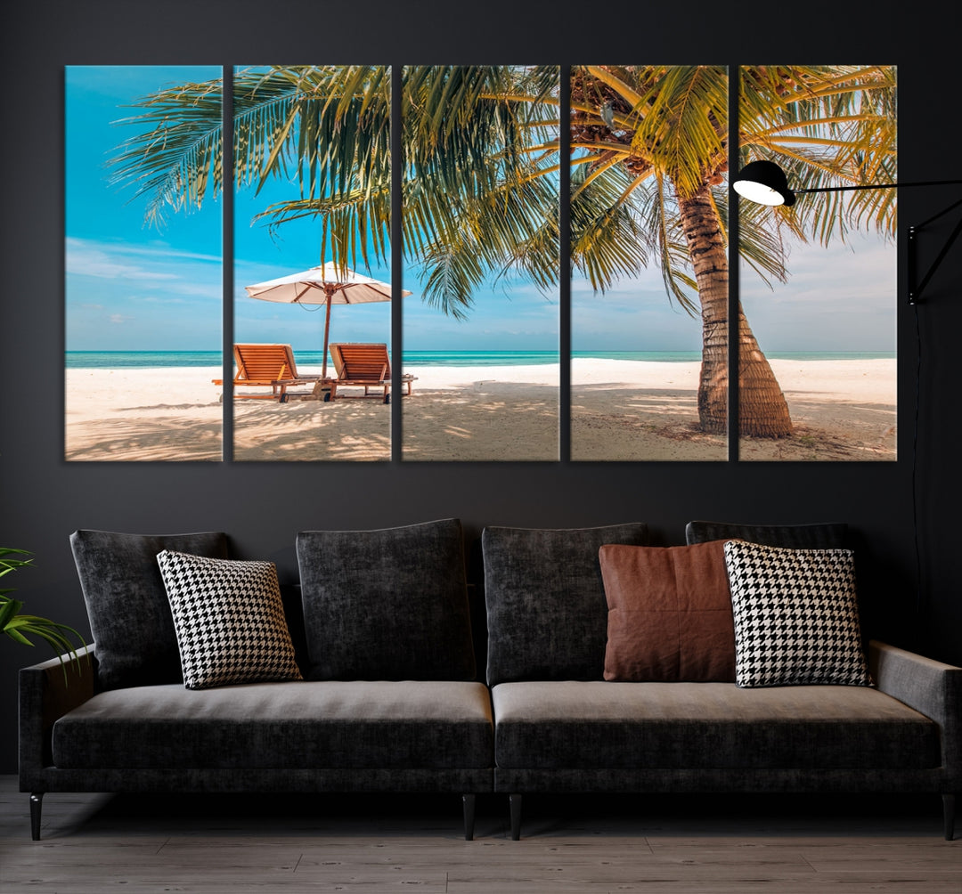 Tropical Beach Lounge Chairs Canvas Wall Art Print