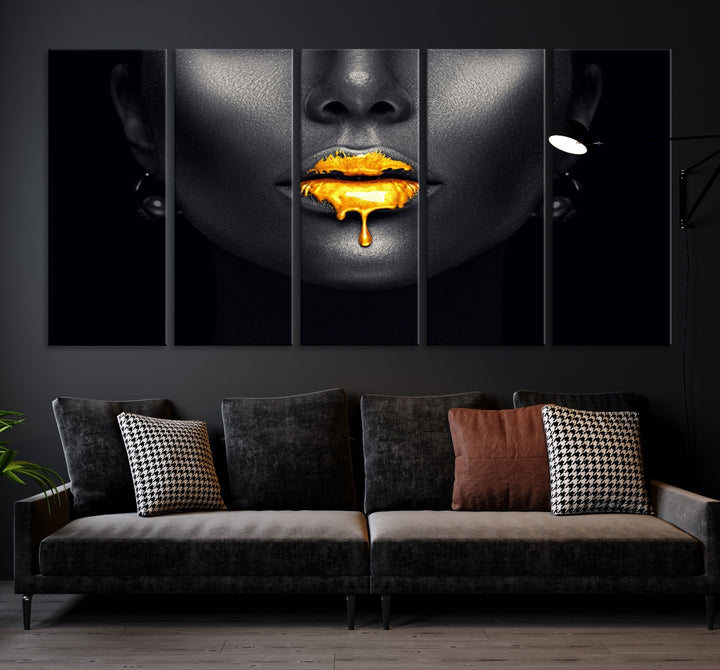 Lèvres en or miel et photographie de femme noire Impression sur toile