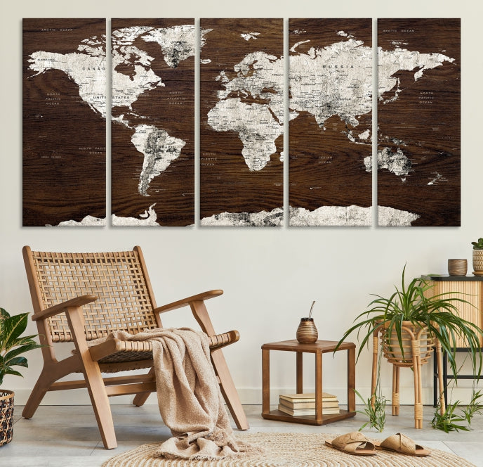 White Colored World Map on Brown Background Wall Art Canvas Print
