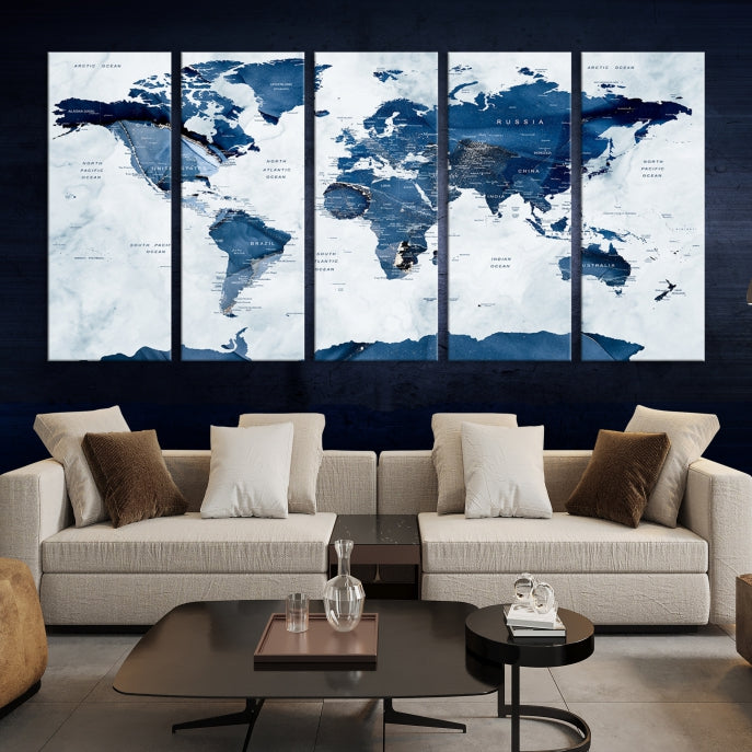 Carte du monde bleu marine avec art mural de l'Antarctique Impression sur toile