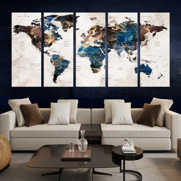 Push Pin World Map Wall Art Aquarelle Peinture Impression sur toile