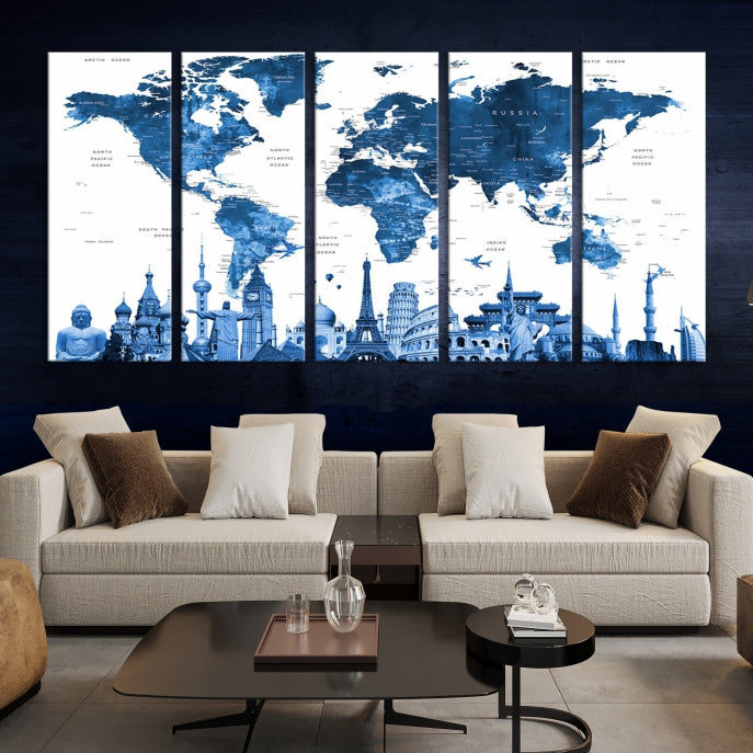 Blue Watercolor World Map Wall Art w/ Wonders of the World Canvas Print
