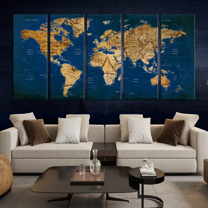 Push Pin World Map Wall Art sur fond bleu marine Impression sur toile