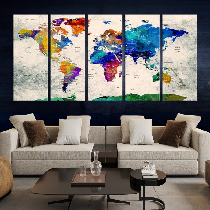 Impression sur toile colorée de carte du monde de punaise