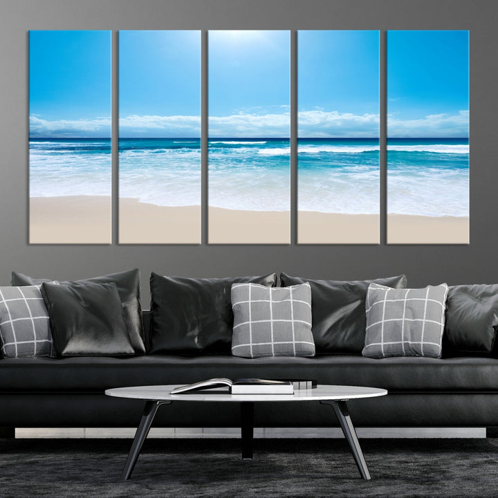 Lienzo decorativo para pared grande con estampado de mar y playa azul brillante
