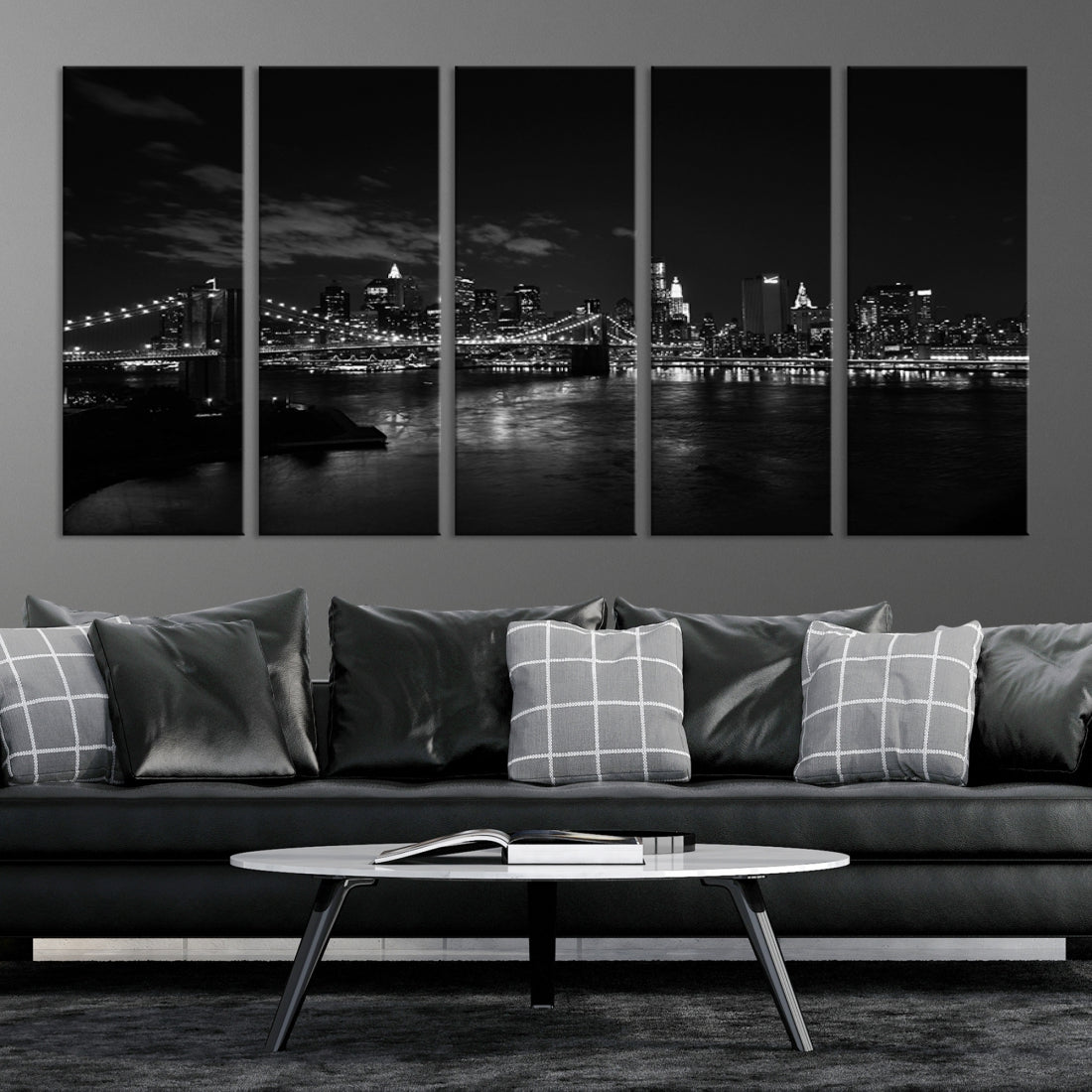 Large Wall Art NEW YORK Canvas Prints - Black and White New York and Brooklyn Bridge Landscape at Night