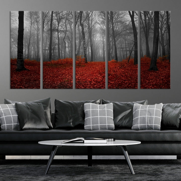 Wall Art Landscape Canvas Print Wonderful Forest with Red Leaves on Ground