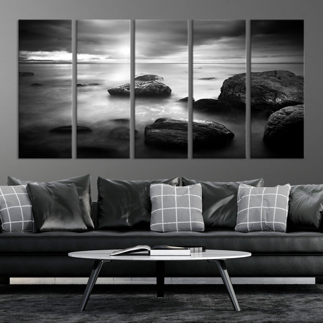 Black and White Rocks on Shore Canvas Print