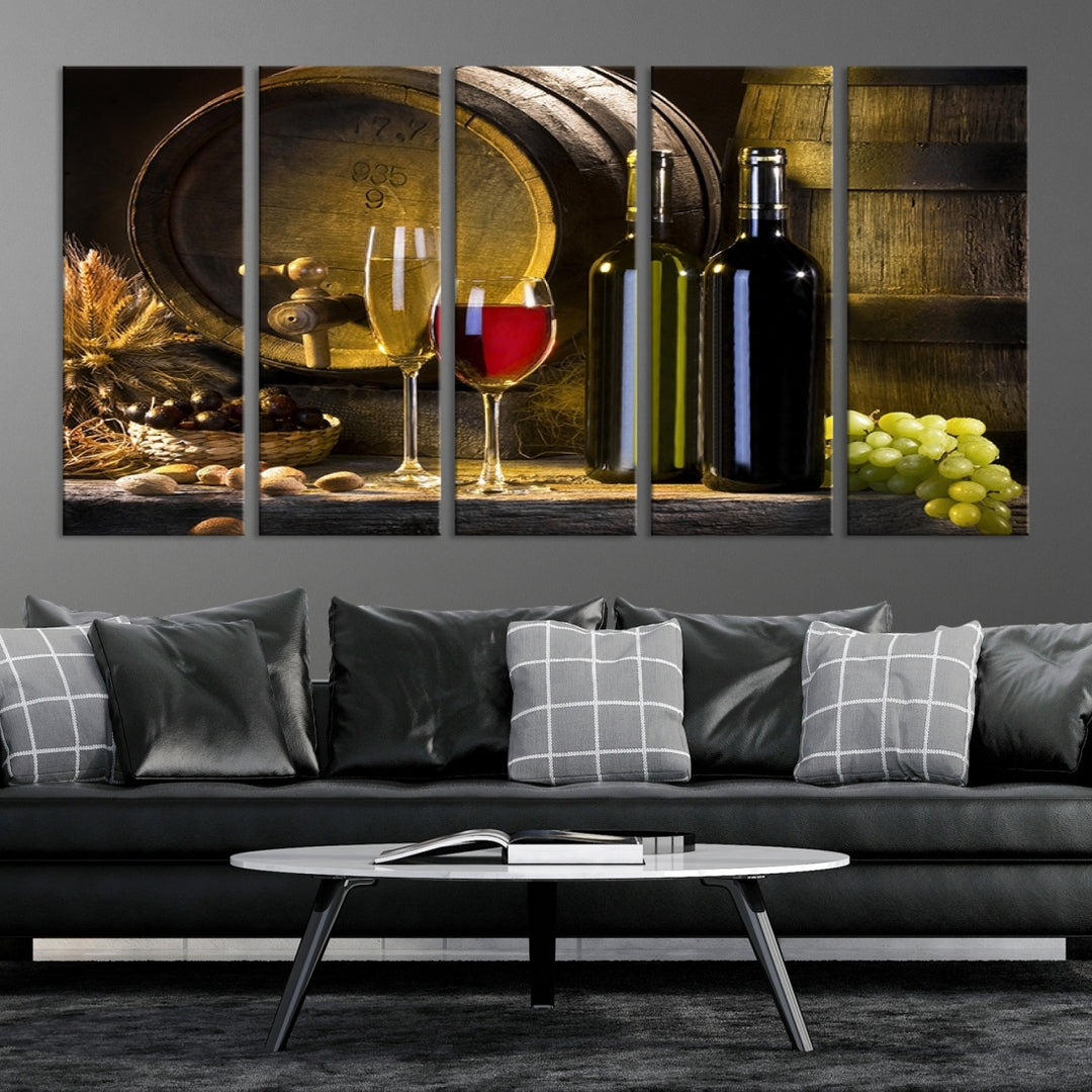 Art mural Vin rouge et blanc avec des bouteilles et du tonneau Impression sur toile