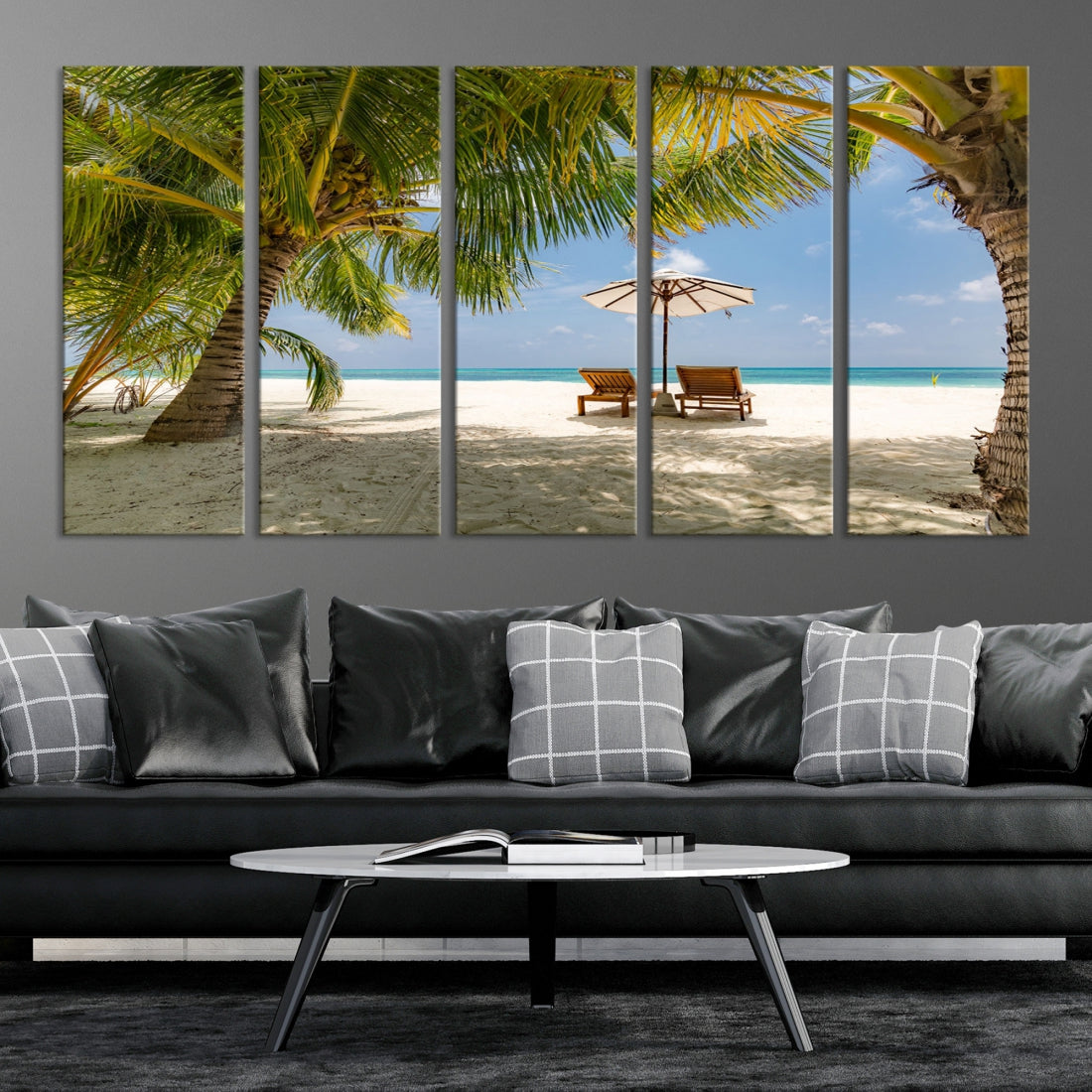 Lounge Chairs Palm Trees on Tropical Beach Canvas Wall Art Print Extra Large Beach Ocean Landscape Canvas Art