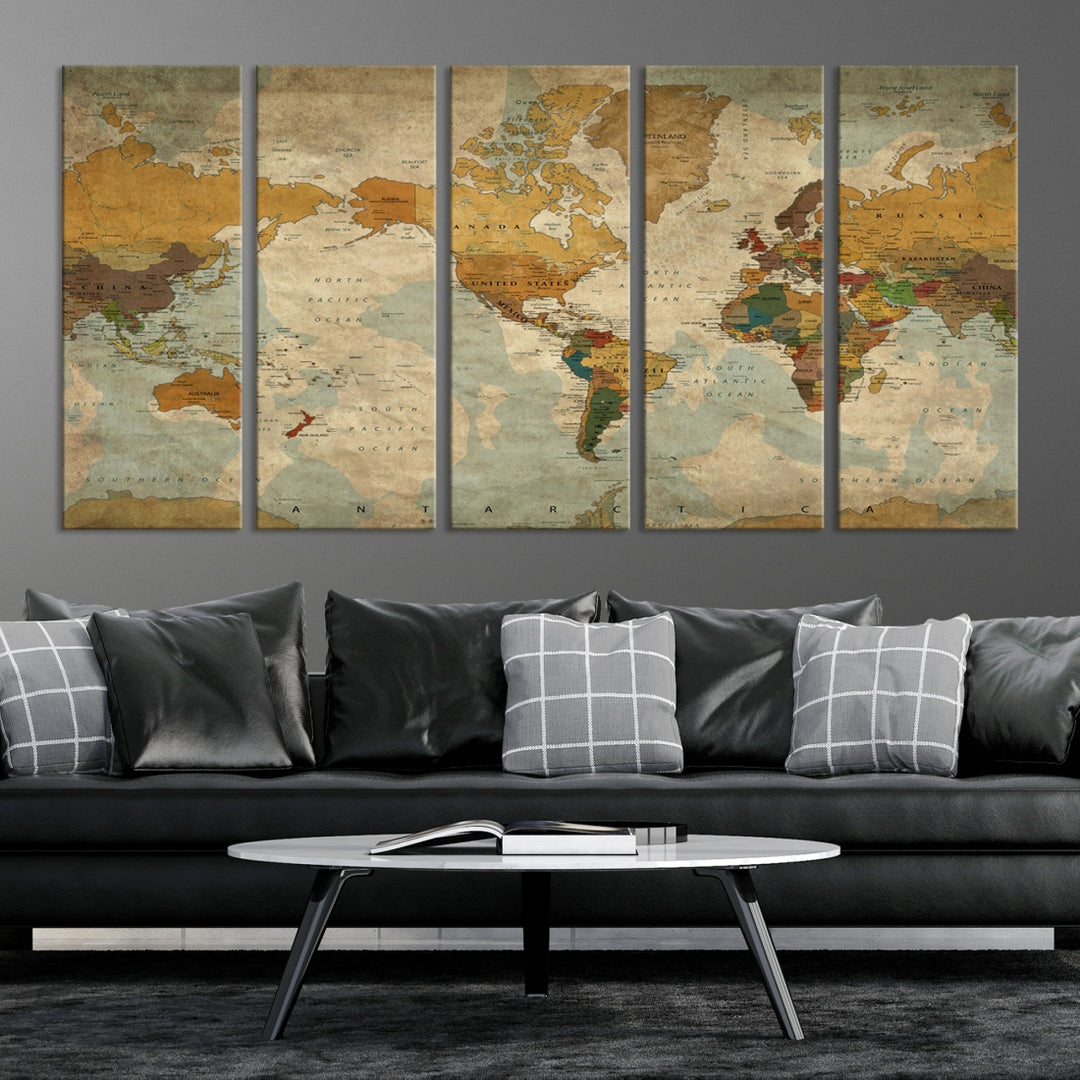 82291 - Sephia World Map Wall Art Multi Panel Impresión en lienzo extragrande para decoración del hogar | Realice un seguimiento de sus viajes con este colorido mapa de aspecto antiguo | Enmarcado listo para colgar de My Great Canvas