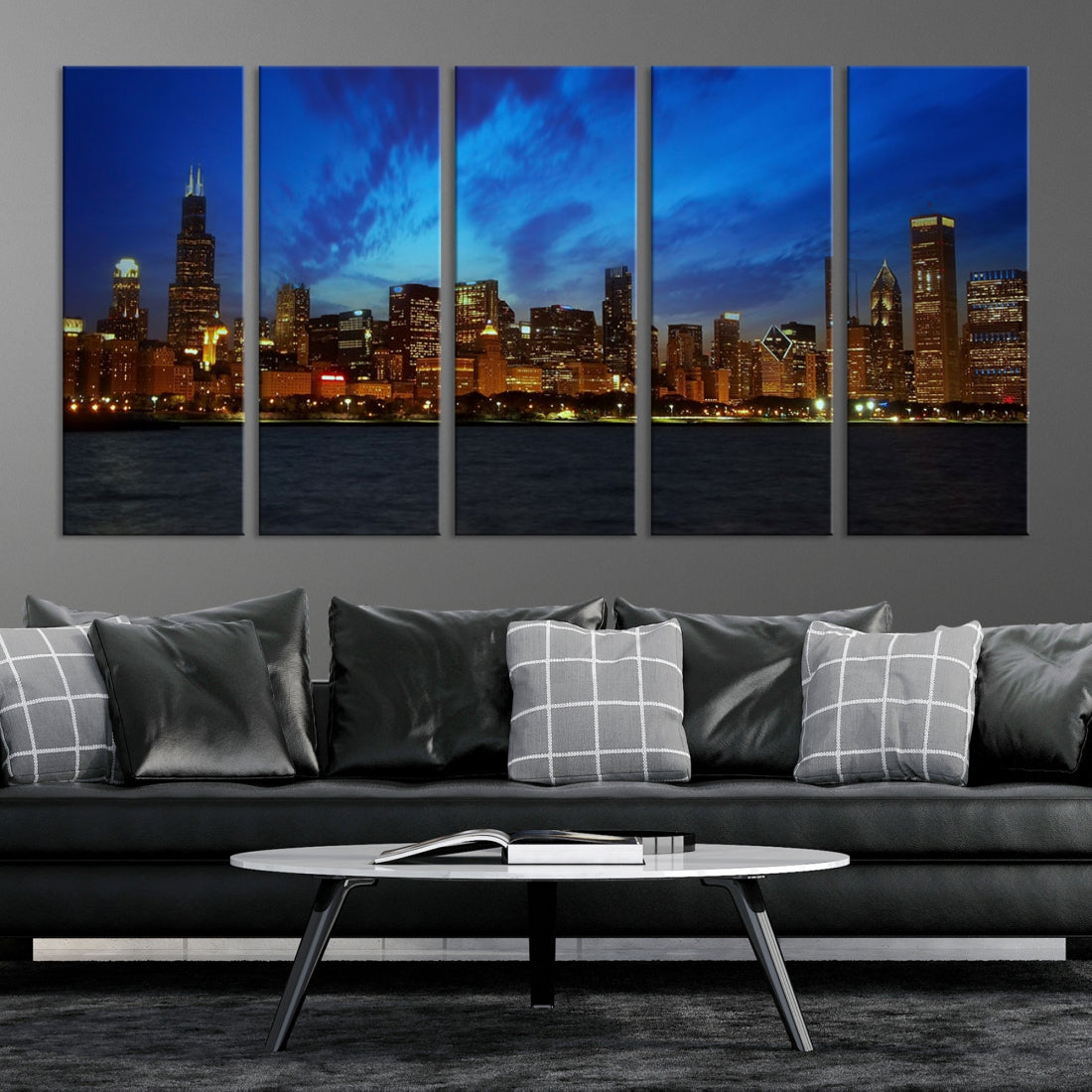 Chicago City Lights Night Blue Cloudy Skyline Cityscape View Large Wall Art Canvas Print