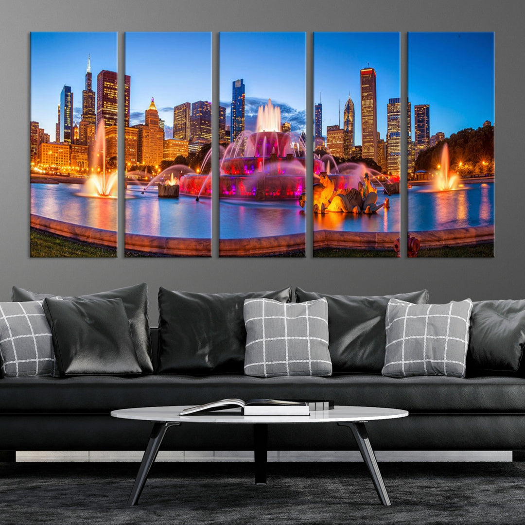 Chicago City Colorful Lights Night Skyline Cityscape View Wall Art Canvas Print