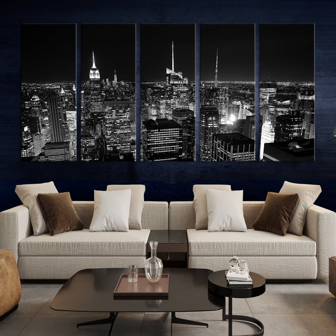 Large Wall Art NEW YORK Canvas Prints - Black and White New York City Skyline at Night
