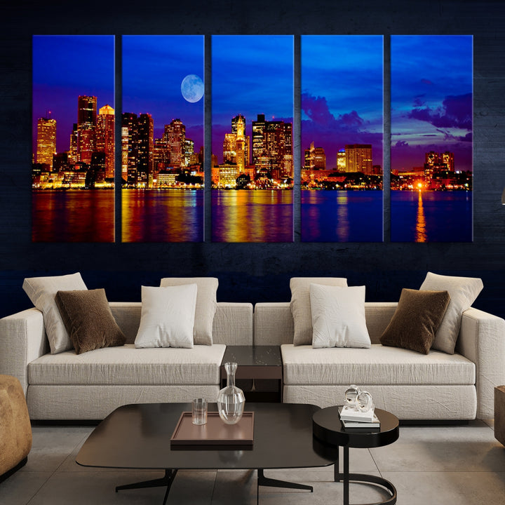 Boston City Lights Full Moon Night Blue Skyline Cityscape View Wall Art Canvas Print