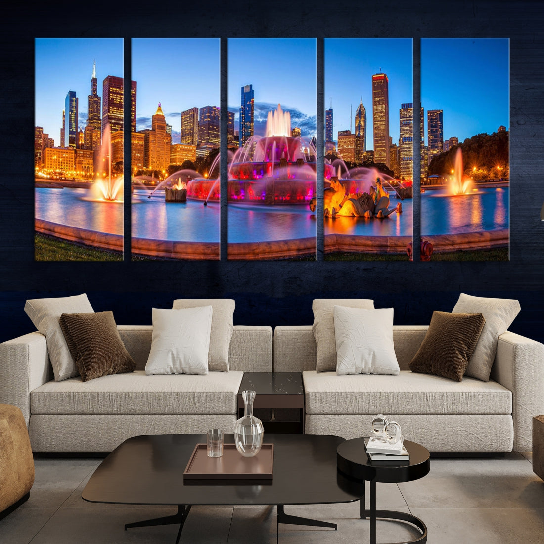 Chicago City Colorful Lights Night Skyline Cityscape View Large Wall Art Canvas Print