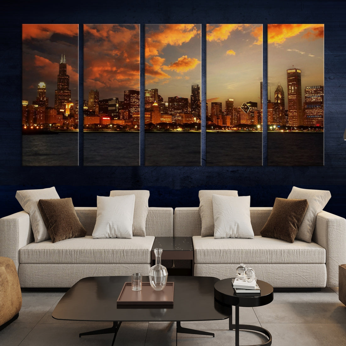 Chicago City Lights Sunset Orange Cloudy Skyline Cityscape View Large Wall Art Canvas Print