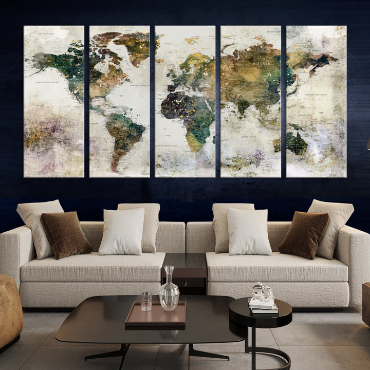 Carte du monde, impression d'art mural, carte sur toile, ensemble mural de 3 panneaux, cadeau, carte de voyage