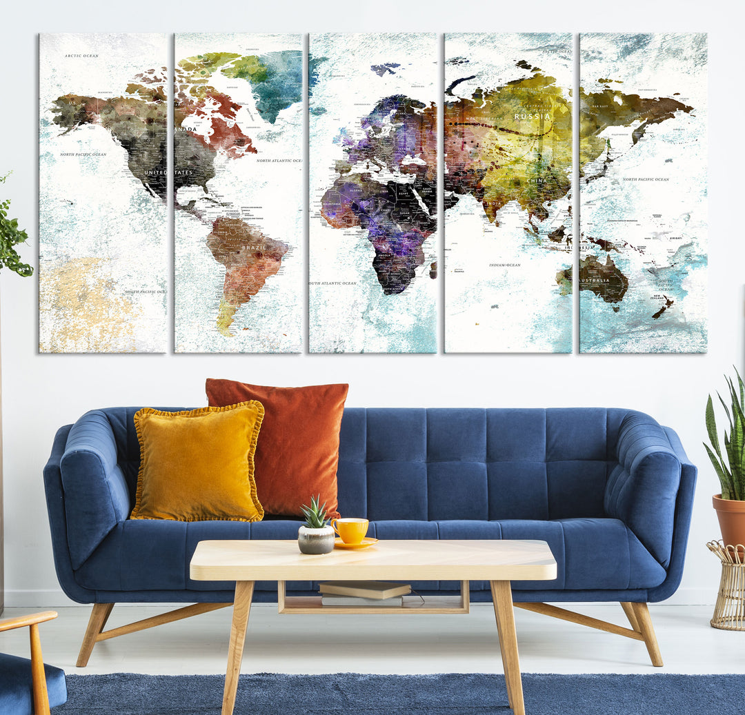 Detailed Wall Art World Map Canvas Print, Push Pin World Map Travel Gift Him