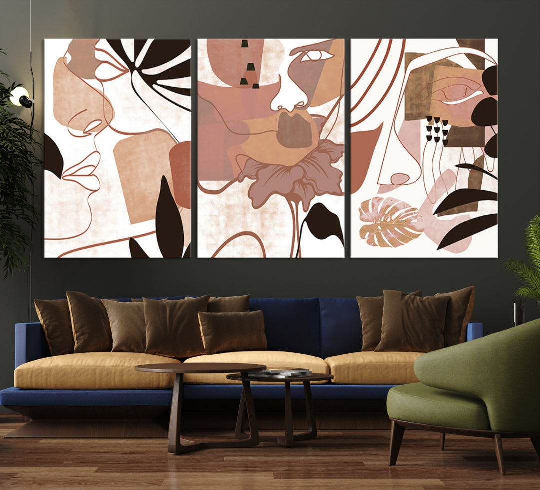 Conjunto de impresión de lienzo enmarcado de arte de pared boho - Impresiones modernas de mediados de siglo - Impresiones de obras de arte de pared de decoración boho - Decoración del hogar neutral boho