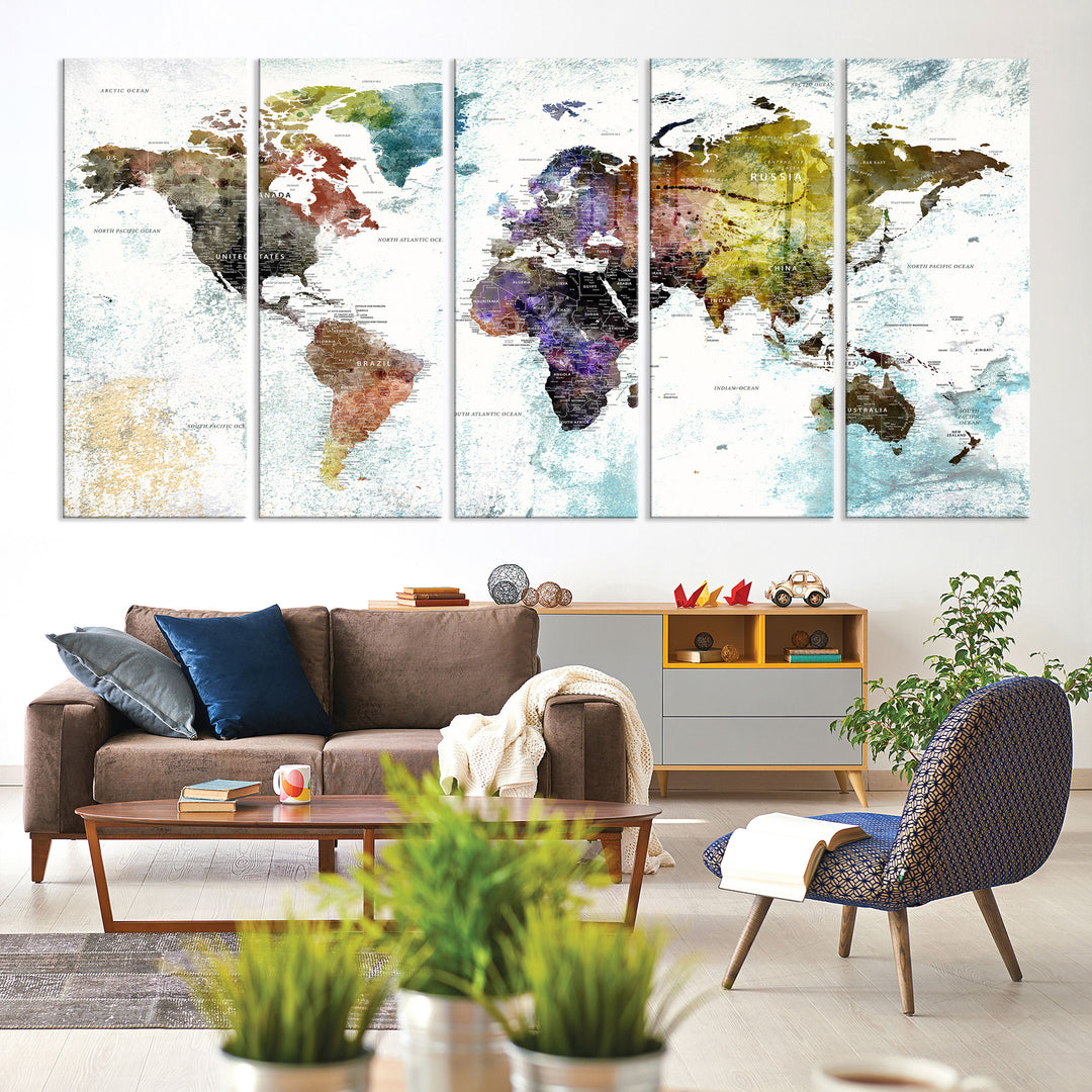 Impression détaillée de toile de carte du monde d’art mural, cadeau de voyage de carte du monde de punaise pour lui