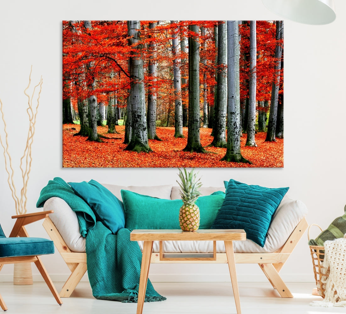 Large Wall Art Landscape Canvas Print - Red Leaves on Trees on Red Ground