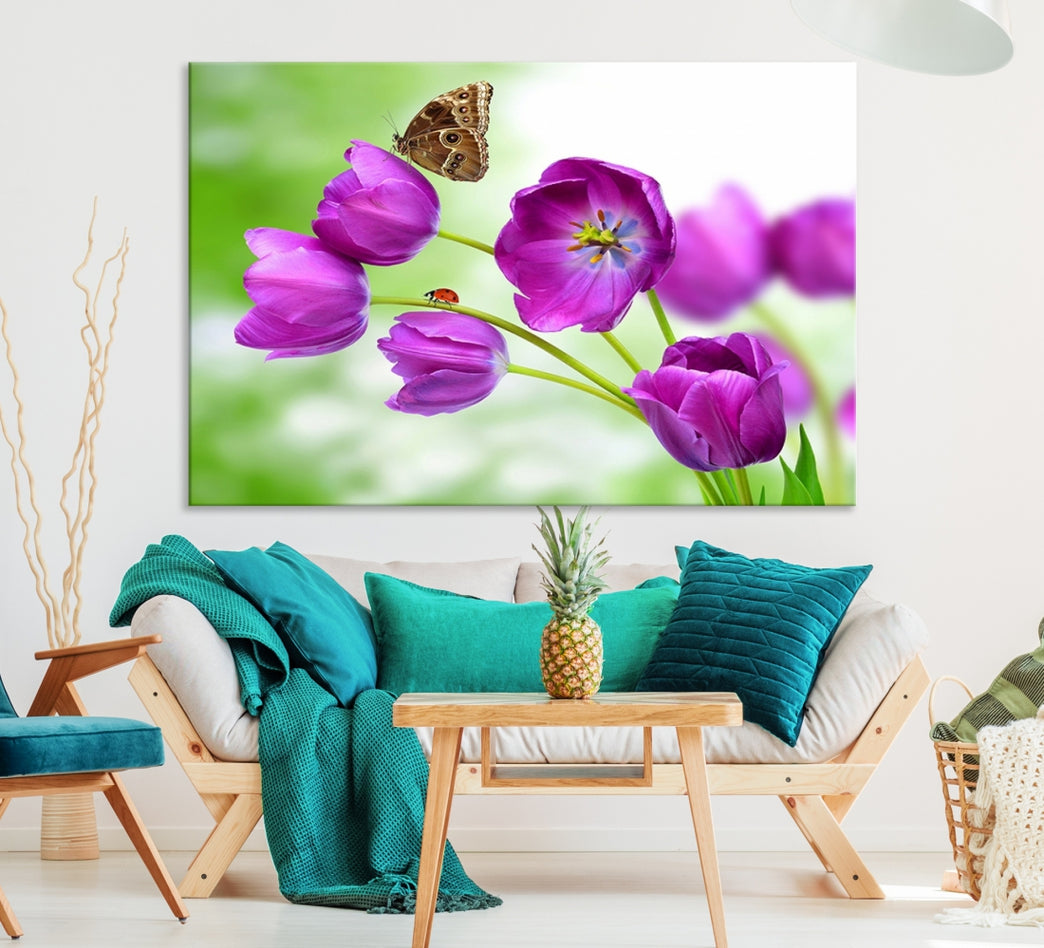 Purple Tulips, Butterfly and Ladybug Large Wall Art Floral Canvas Print