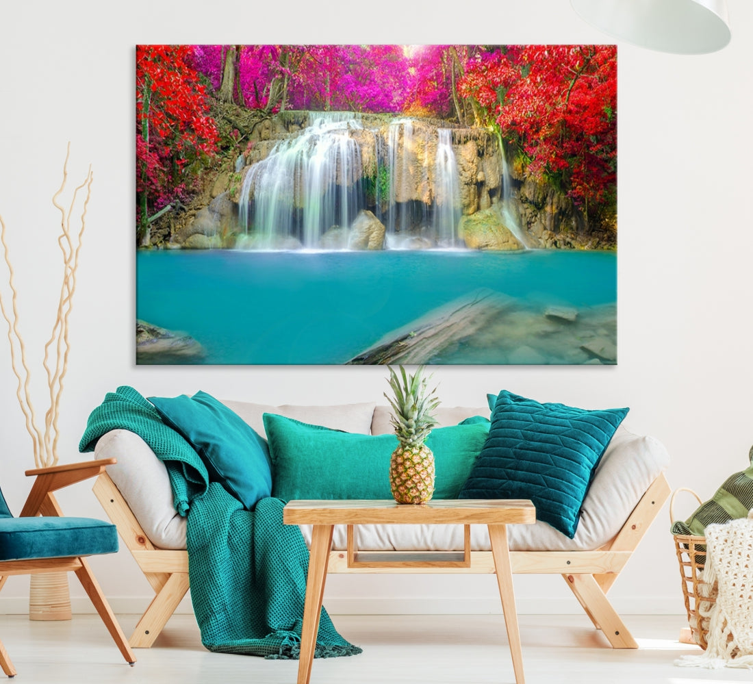 Large Wall Art Waterfall Canvas Print - Wonderful Waterfall Landscape with Pink and Red Flowers in Forest