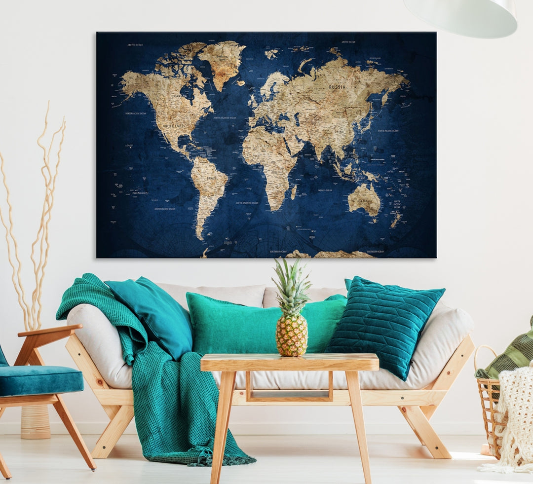 Carte du monde détaillée bleu marine