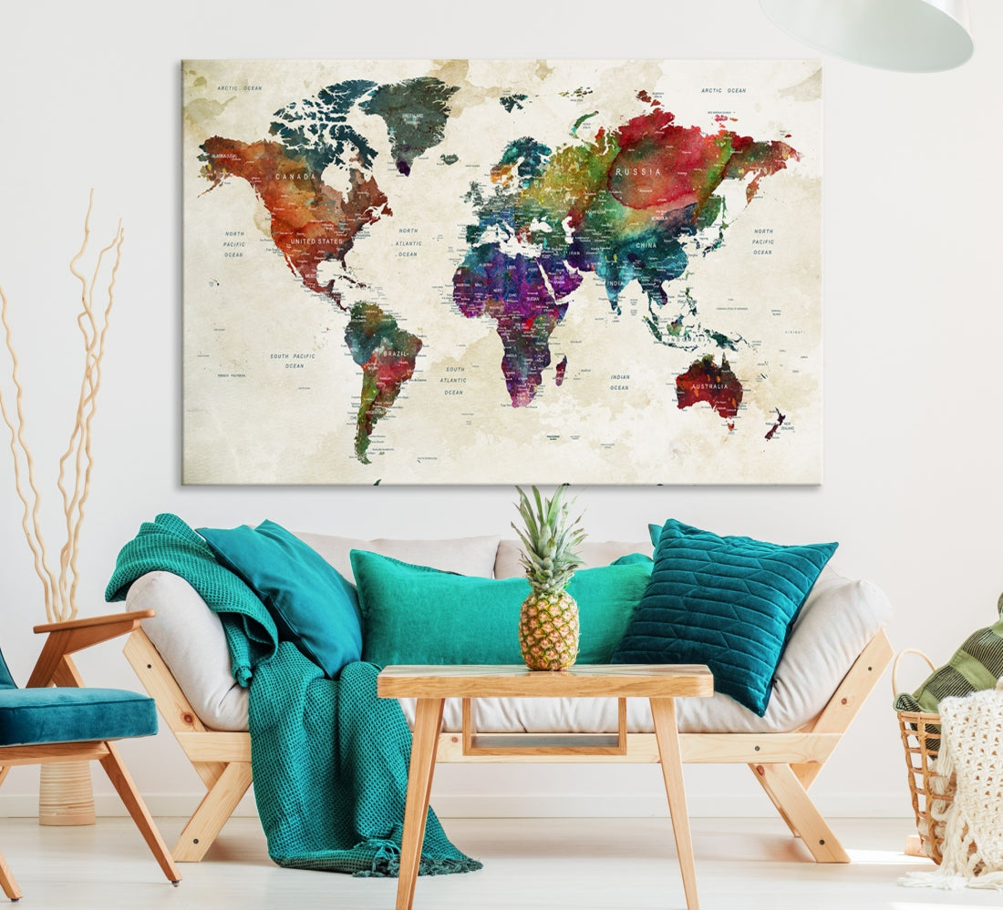 Colorful Vintage World Map Wall Art Print Grunge Map