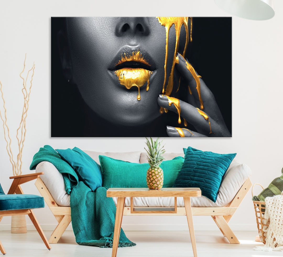 Lèvres à paillettes dorées Photographie de mode Art mural Maquillage Art mural Impression sur toile