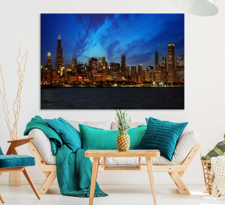 Chicago City Lights Night Blue Wall Art Impression sur toile
