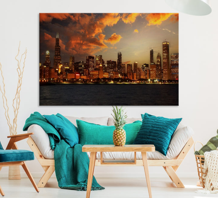 Chicago City Lights Coucher de soleil Orange Nuageux Skyline Paysage urbain Vue Art mural Impression sur toile