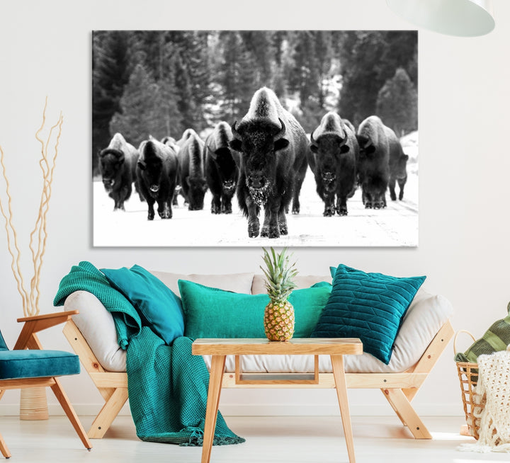 Impresión de lienzo de arte de pared de manada de búfalos, impresión de lienzo de bisonte