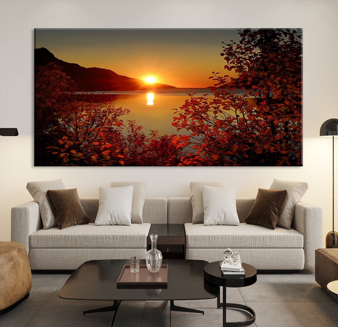 Large Wall Art Canvas Sunset over Sea and Mountain Between Flowers
