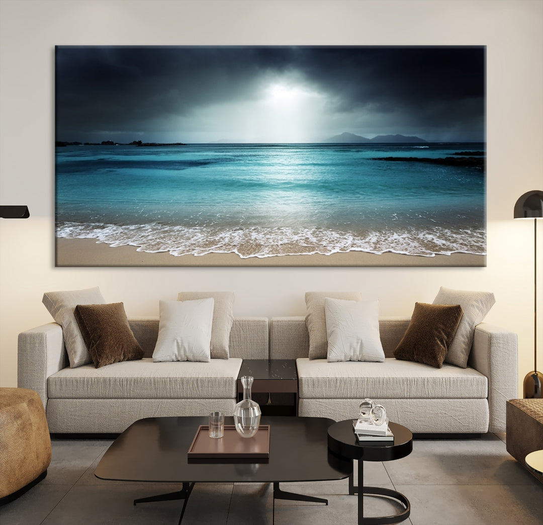 Impresión en lienzo de gran tamaño para pared, playa oscura con océano claro